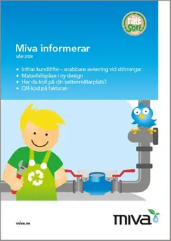 Omslag av kundbilagan Miva informerar med den grafiska figuren Mivo i gröna byxor och gult intill en vattenmätarplats