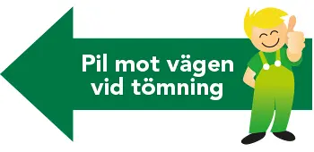 En grön pil som pekar till vänster med texten "Pil mot vägen vid tömning"