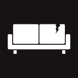 Ny symbol för stoppade möbler som föreställer en trasig soffa på svart botten