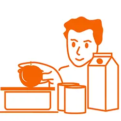 Grafik i orange där en person sitter bakom ett antal olika livsmedelsförpackningar