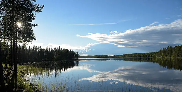 Spegelblank sjö i en skog och blå himmel