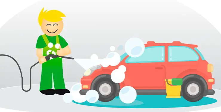 Figuren Mivo med en högtryckstvätt som han riktar mot en röd bil