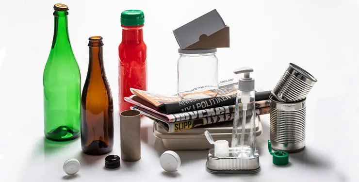 Exempel på olika förpackningar med glasflaskor, ketchupflaskor, korkar, konsvervburkar, toalettrulle