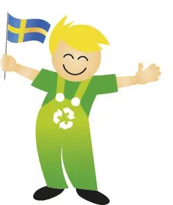 Grafiska figuren Mivo i grön kläder och gult hår viftar med en svensk flagga