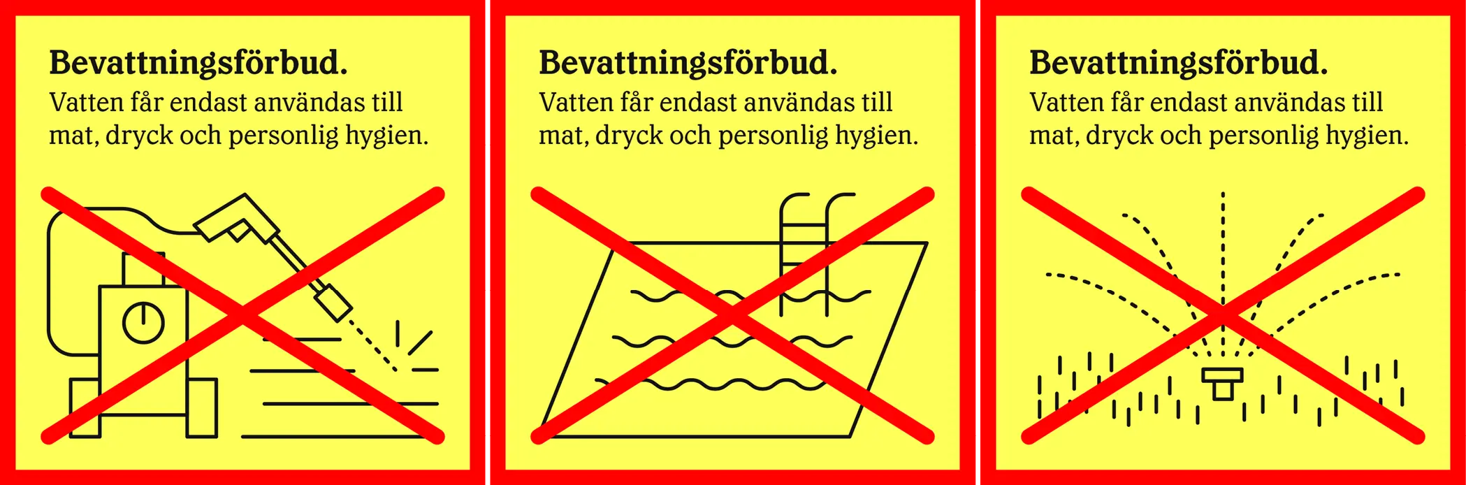 Symboler som visar vad som inte är tillåtet vid ett bevattningsförbud (tvätt bil, fylla pool, vattna trädgård med slang)